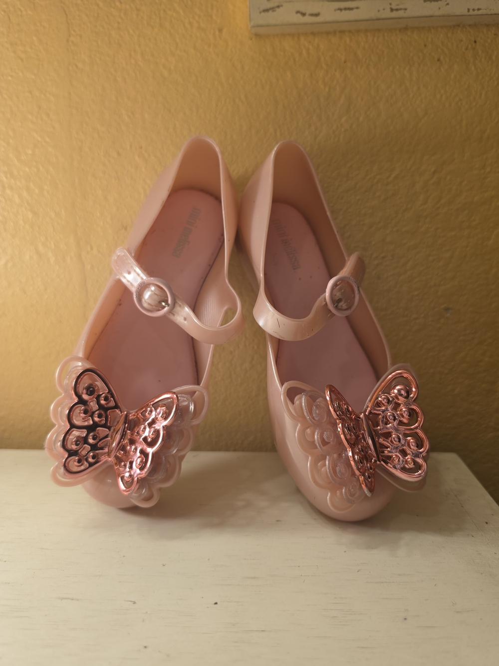 Mini Melissa Pink Jelly Mary Jane Shoes with Metallic Rose Accent